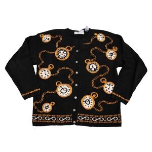 Vintage Grandma Sweater‎ W Sz L Clock Pattern & Buttons GrannyCore Chunky Knit